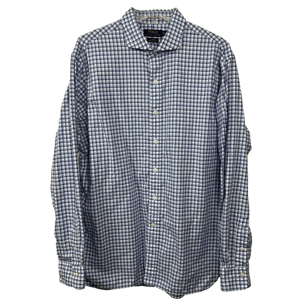 Polo Ralph Lauren Shirt Mens Size 17 1/2 Slim Fit Italian Fabric Blue Plaid A60